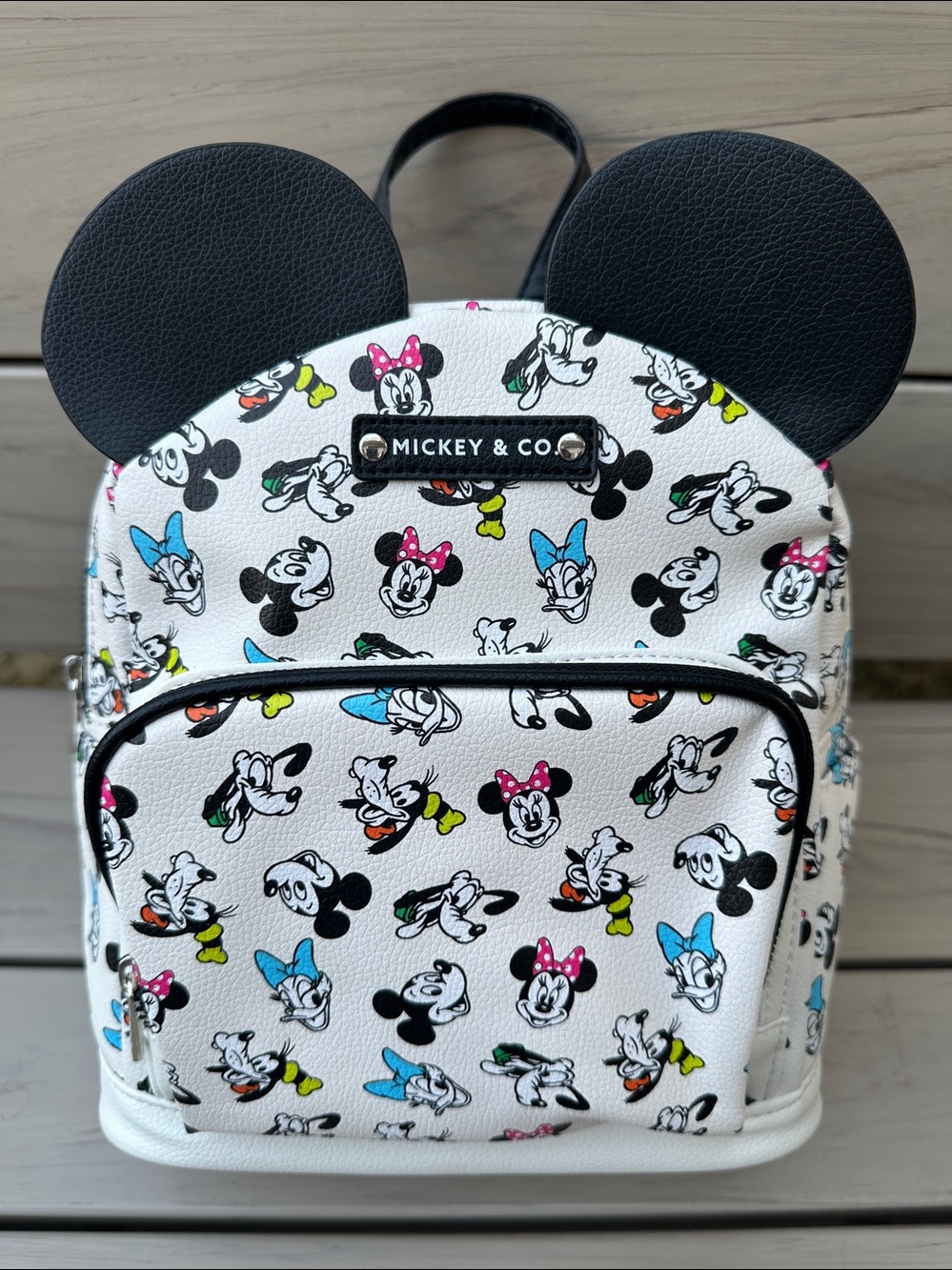 NWT Disney Mickey Minnie & Company Cream Small Faux Leather Backpack with Ears